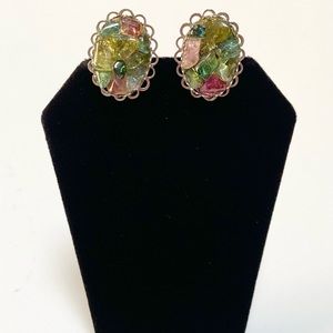 Vintage Fused Melted Glass Screw Back Silver Tone Unique Earrings